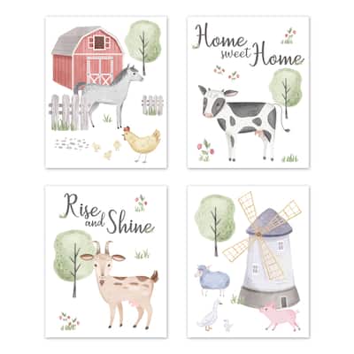 Farm Animal Wall Decor Art Prints (Set of 4) - Red Blue Pink Green Grey Watercolor Farmhouse Horse Cow Sheep Pig Home Sweet Home