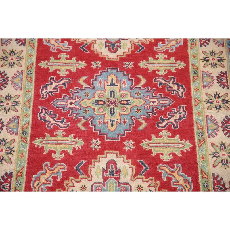 Geometric Red Kazak Accent Rug Handmade Wool Carpet - 3'4"x 5'1"