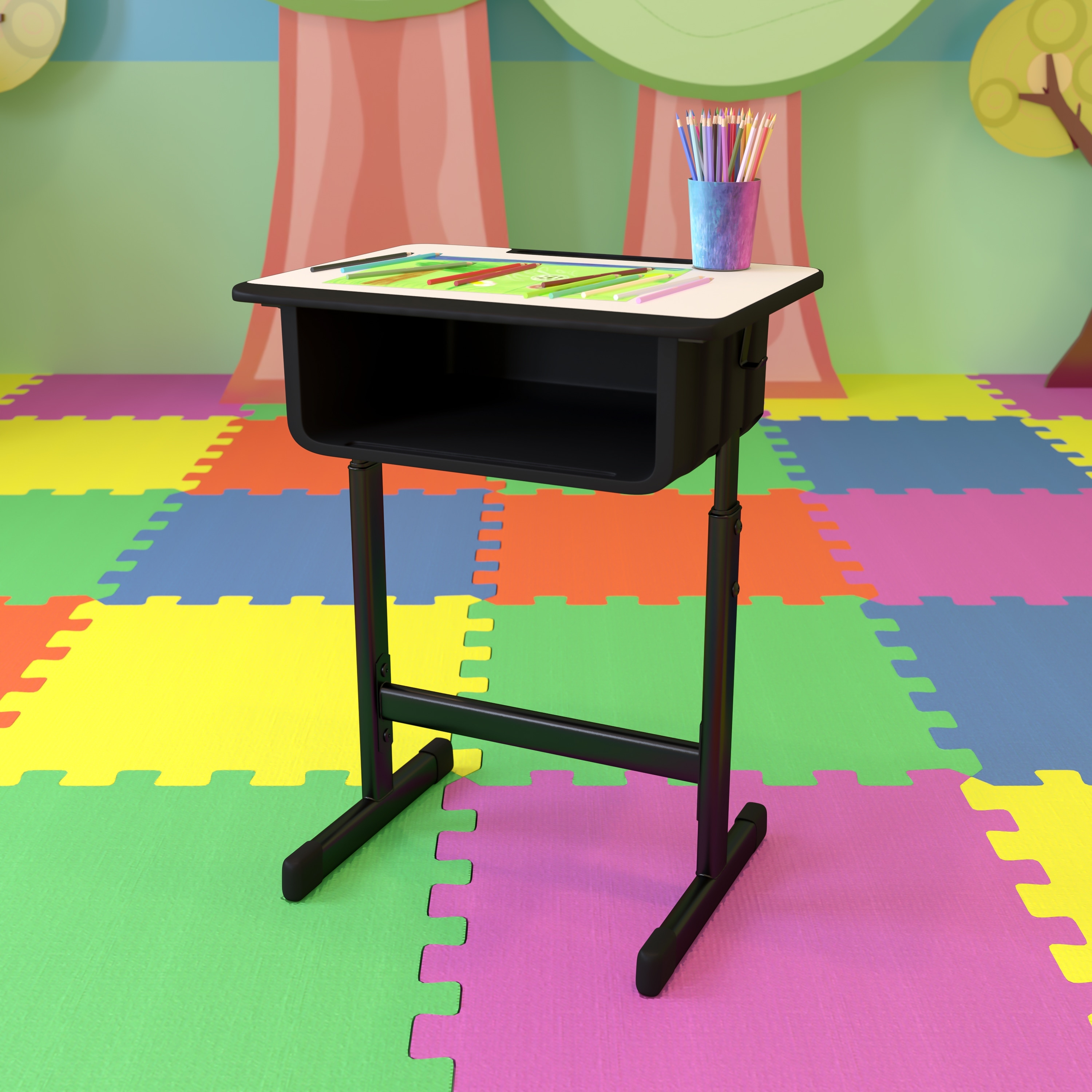 Student Desk with Grey Top and Adjustable Height Pedestal Frame