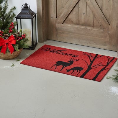 HomeRoots 17" X 29" Red And Black Christmas Deer Welcome Outdoor Coir Door Mat - 17.00' X '29.00