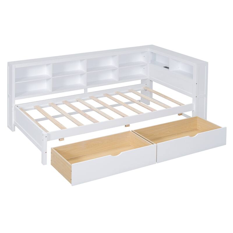 Wooden Daybed with 2 Drawers, Storage Shelf and USB Charging Ports for Bedroom