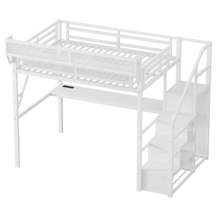 Queen/Full Loft Bed with Desk & Charging Station, Metal Loft Bed with Stairs & Light for Kids Teens