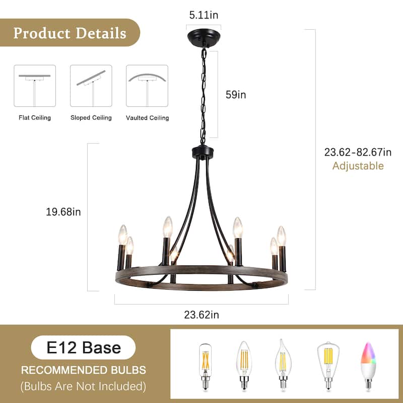 8-Light W23.6" x H82.67" Vintage Rustic Wagon Wheel Chandelier for Living Room