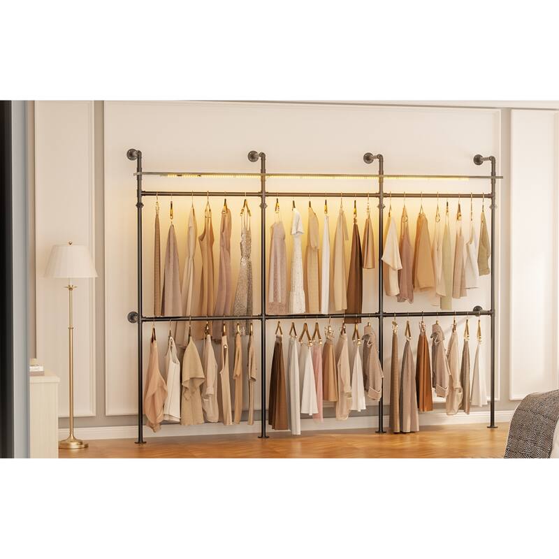 Industrial Pipe Clothing Rack, Reversible 118.3'' Garment Rack with LED Lights& Shelves for Walk-in Closet
