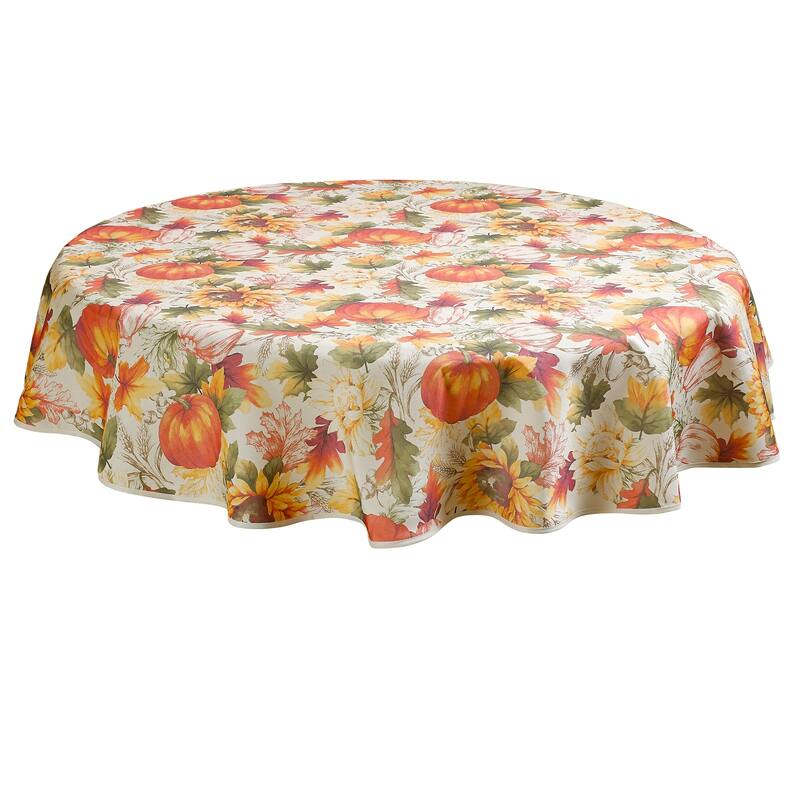Violet Linen Fall Harvest Pumpkins Autumn Leaves Pattern Tablecloth - 60" Round