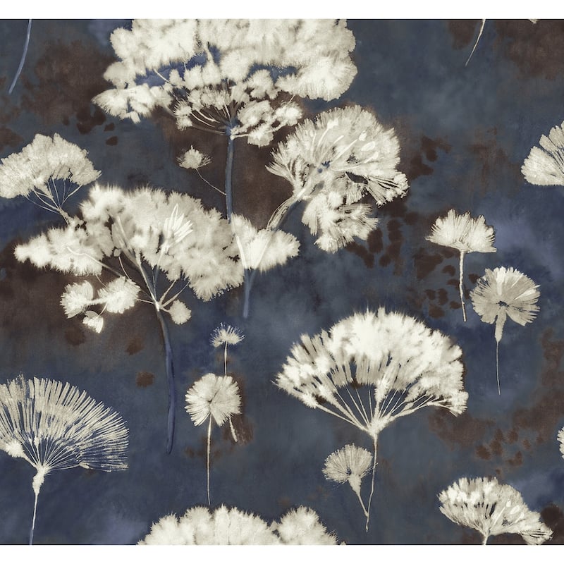 Seabrook Designs Templa Watercolor Dandelions Unpasted Wallpaper - 27 in. W x 27 ft. L - Midnight & Metallic Greige