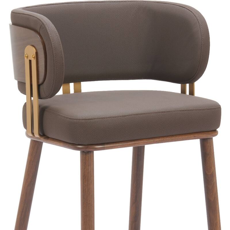HomeRoots 30" Brown Gold and Walnut Steel and Faux Leather Low Back Bar Height Bar Chair