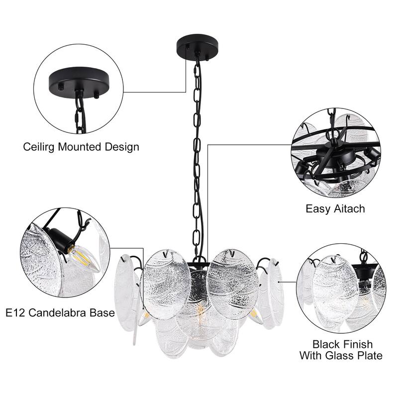 5-Lights Modern Simple Transparent Textured Glass Shade Chain - Hanging Chandelier for Living Room Bedroom Kitchen