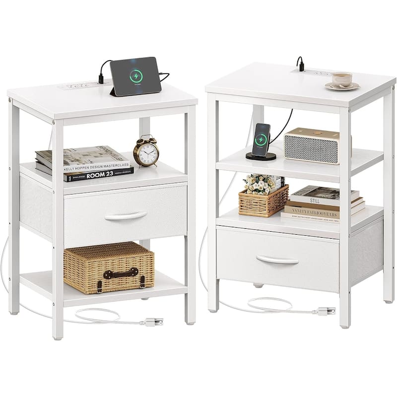Nightstand Set of 2 Or 1 with Charging Station and USB Ports, Storage End Table with Fabric Drawer, Night Stand for Small Spaces - White - 2 Set