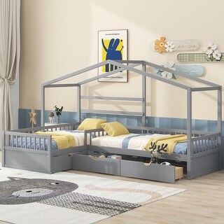 Twin Size House Bed with 3-Storage Drawers, Grey