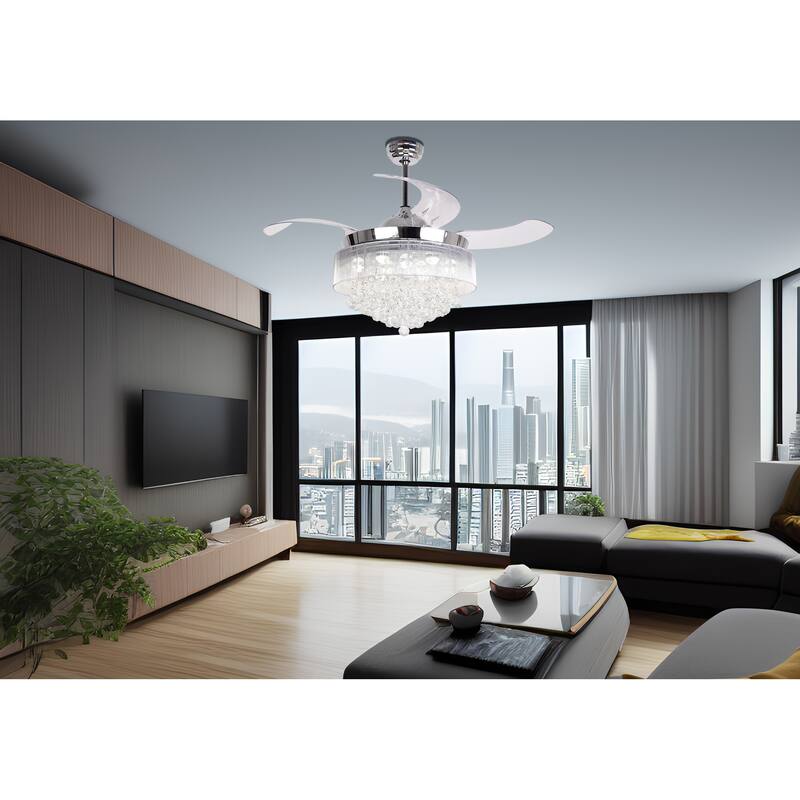 42 - Inch Retractable Blades LED Ceiling Fan, Crystal Ring Shade Comes with Remote