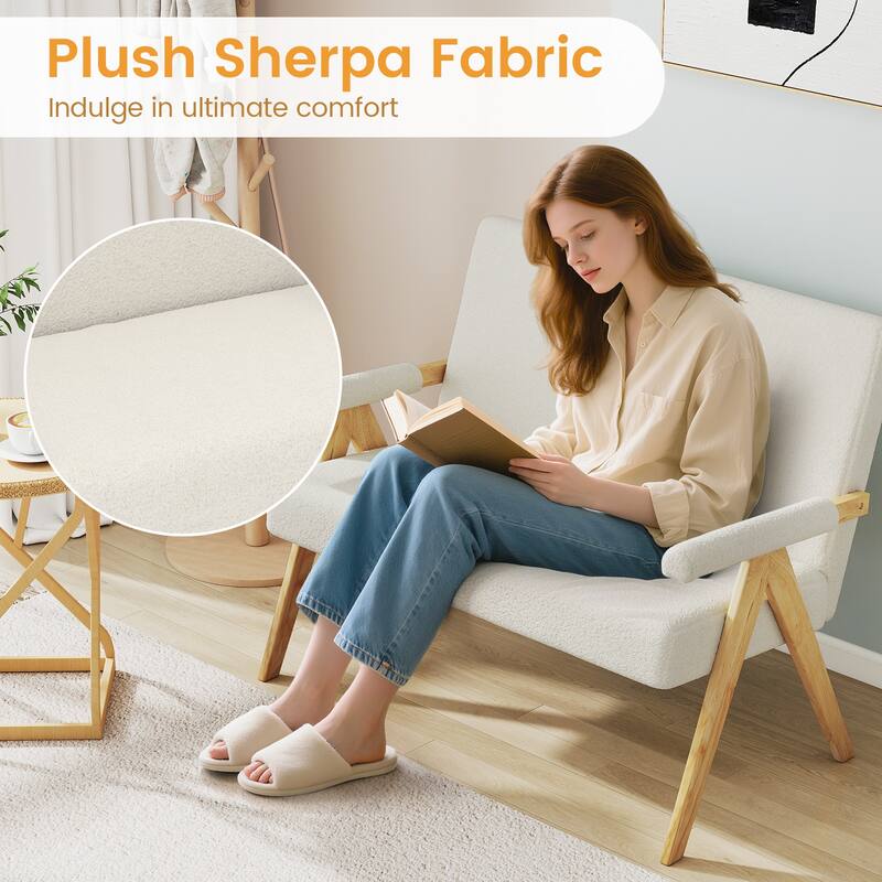 Gymax Loveseat Sofa Upholstered Sherpa Couch w/Armrests & Wooden Legs