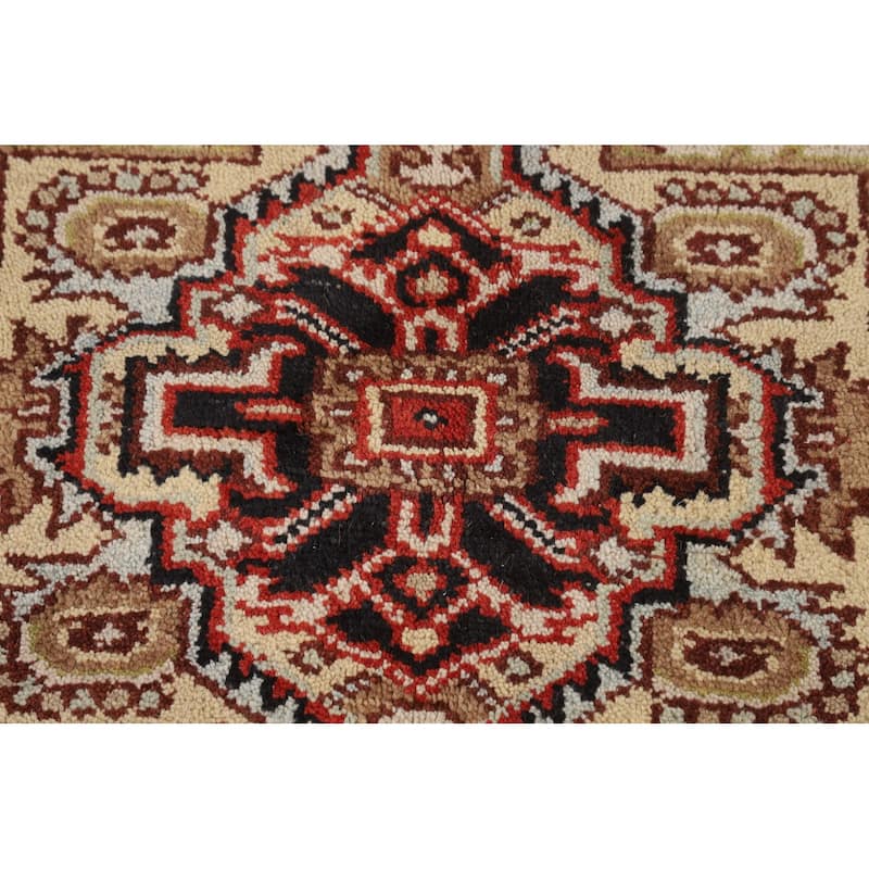 Ivory Geometric Heriz Serapi Indian Rug Hand-Knotted Wool Carpet - 3'11" X 5'10"
