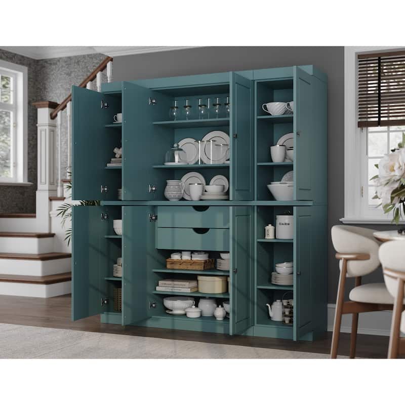 100% Solid Wood Kitchen China Pantry Buffet with Glass or Solid Wood Doors and 2-Drawer Kit by Palace Imports - 65" x 71.5" - Aqua - Solid