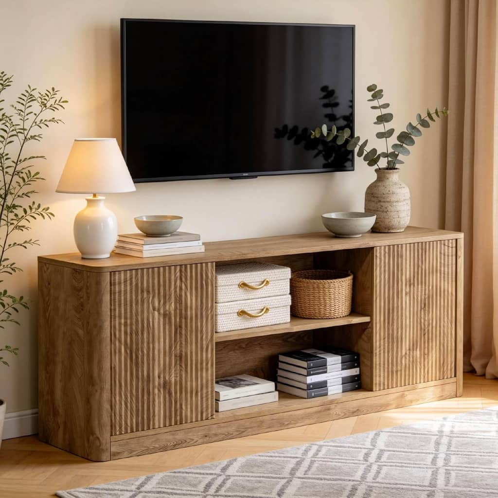 63" TV Stand for TVs Up to 65", Fluted Media Console with Open Storage & Side Cabinets, Wood Floor Standing TV Console Table