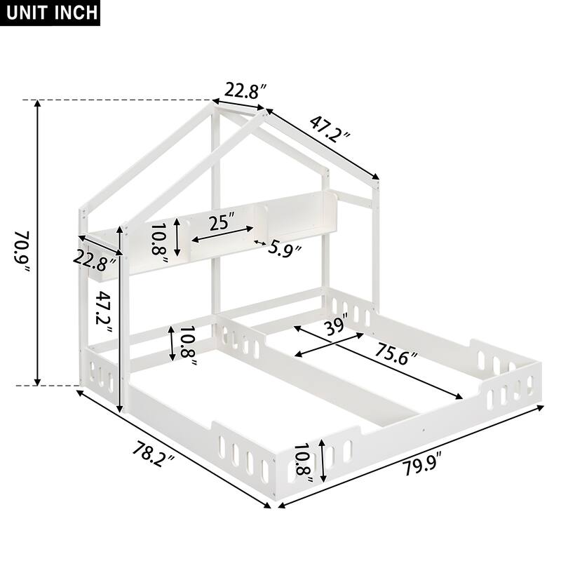 Roomfitters Wood Twin Size House Platform Beds with Two Shared Frames, Shelves and Guardrail, White
