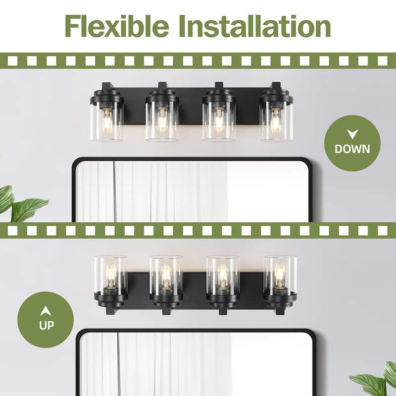 4 Light Bathroom Vanity Light, Matte Black Bathroom Light Fixtures with Clear Glass Shade, Vanity Light Fixtures Over Mirror