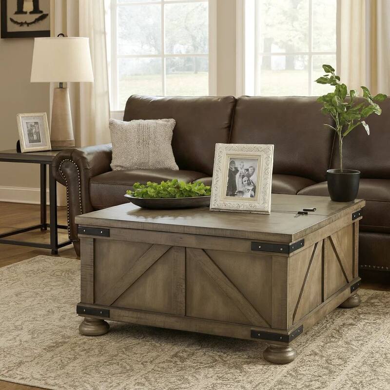 Farmhouse Cocktail Table with Lift Top Storage and Crossbuck details, Gray