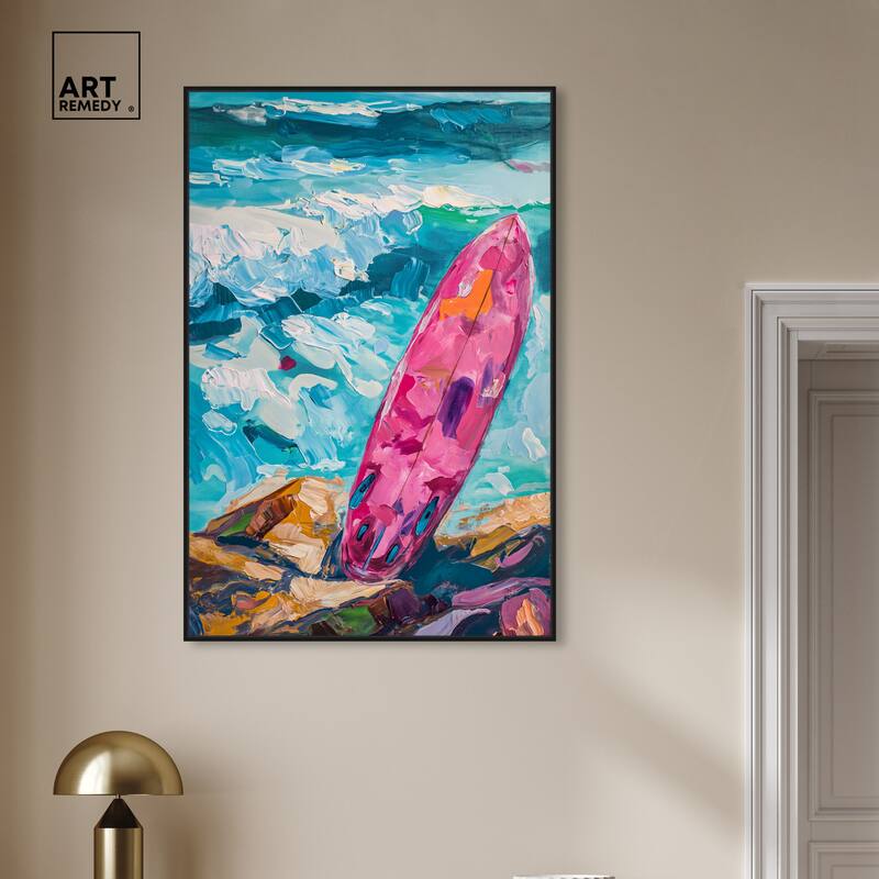 Art Remedy Just A Little Break Wave Framed Colorful Coastal 1 Piece Canvas Wall Art