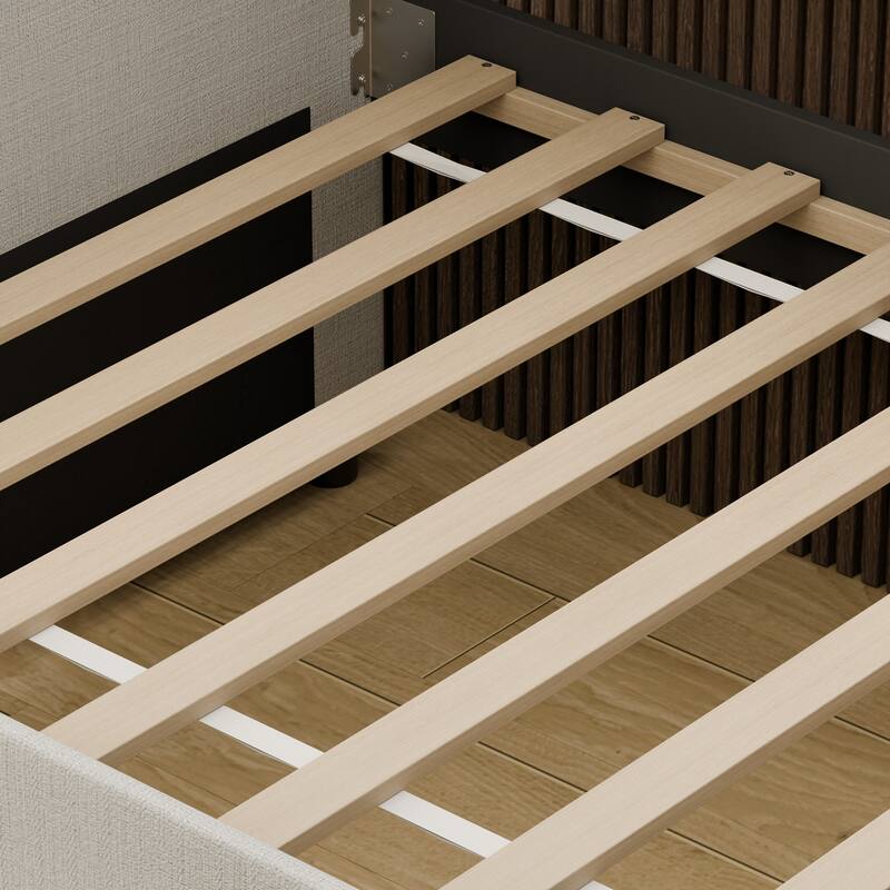 Modern Twin Size Upholstered Daybed with Trundle, Light Gray Fabric Sofa Bed with Plywood Slats and Nailhead Trim