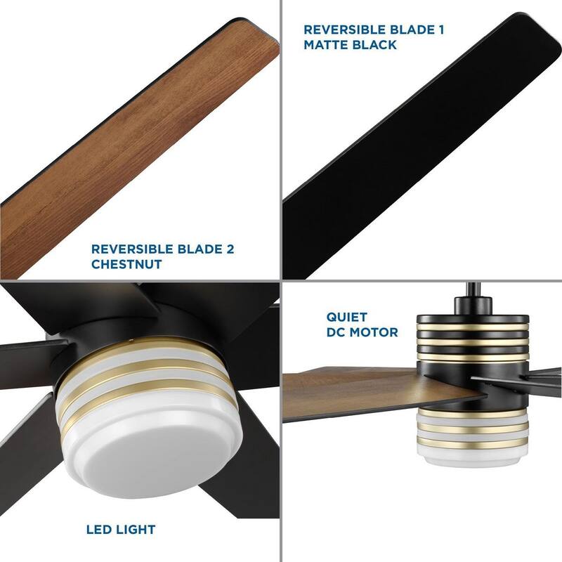 Carrollwood Collection 56-Inch Six-Blade Matte Black Chestnut LED DC Motor Contemporary Ceiling Fan - 56 in x 56 in x 18 in