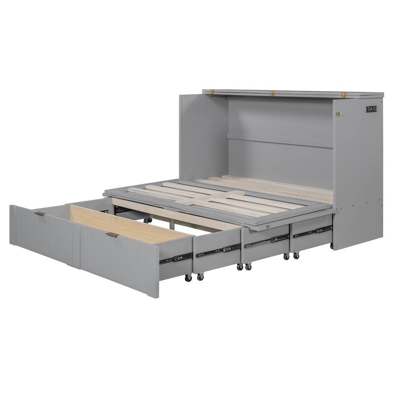 Queen Size Wall Bed with Drawer, USB Ports & Smooth Pulley Mechanism, Space-Saving Gray Cabinet Bed