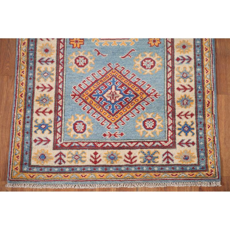 Hand Knotted Oriental 100% Wool Carpet Traditional Geometric Navy Blue & Blues Kazak Runner Rug - 9' 0'' X 2' 9''