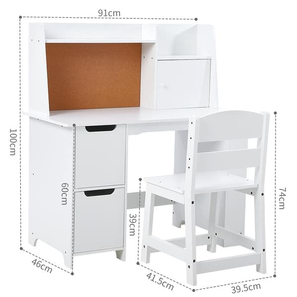 White Study Desk and Chair Set - Features Bookshelf, Bulletin Board