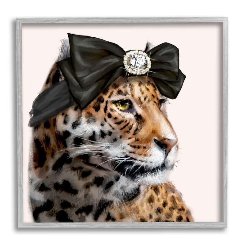 Stupell Glam Leopard Fancy Hair Bow Safari Animal Fashion Framed Wall Art - Orange - 24 x 24 - Grey