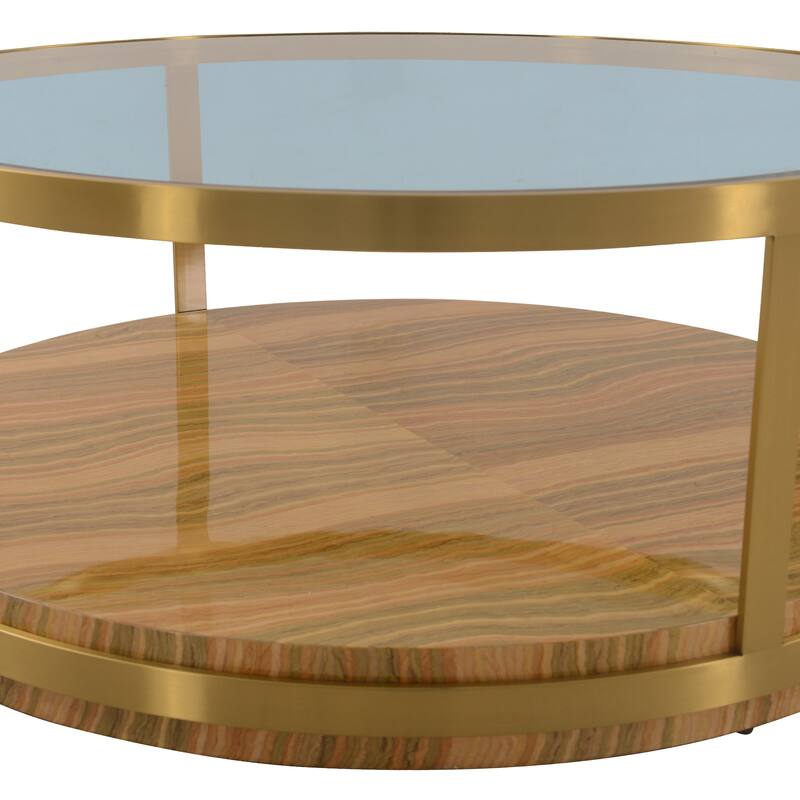 Hattie Gold Metal Glass Top 43" Round Coffee Table with Shelf