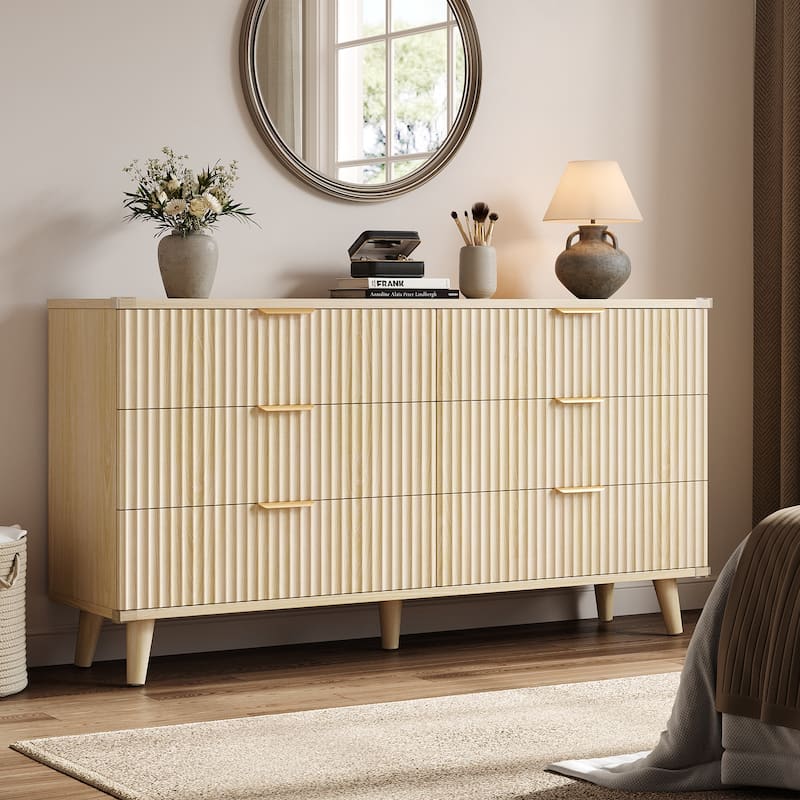 6 Drawer Dresser for Bedroom, 53" Wide Boho Fluted Dresser