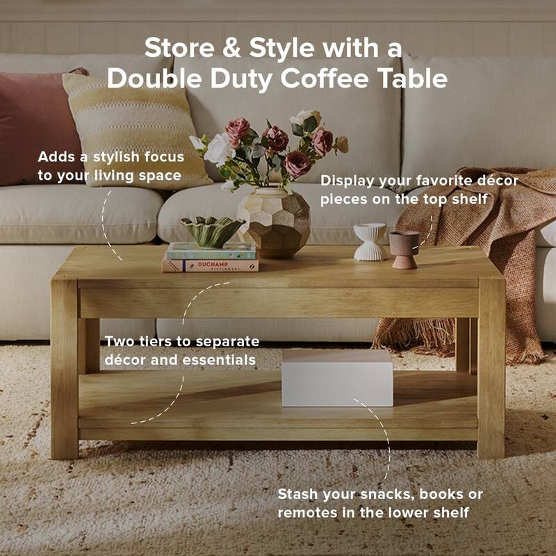 Mopio Logan Solid Wood 2-Tier Coffee Table, Modern Farmhouse Solid Rubberwood with light wire brush L Shaped Leg Joint