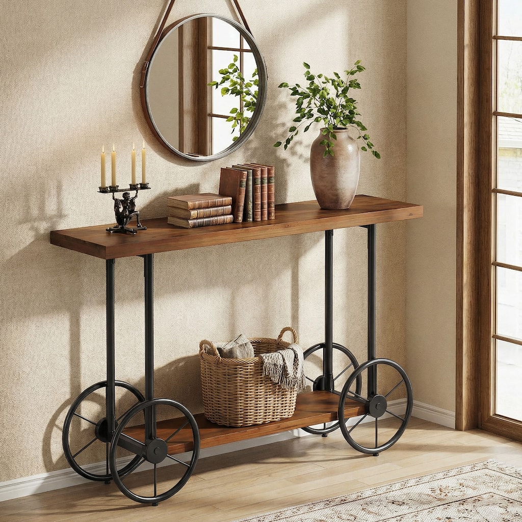 2-tier Solid Wood Console Sofa Table with Storage Shelves