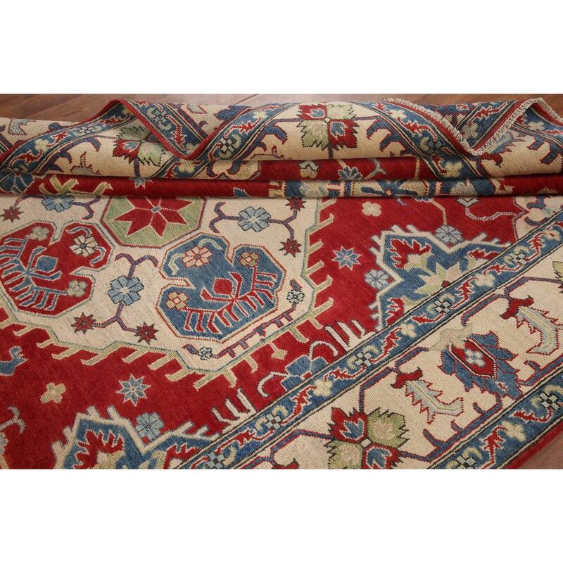 Hand Knotted Oriental 100% Wool Carpet Traditional Geometric Red Kazak Area Rug - 9' 7'' X 6' 7''