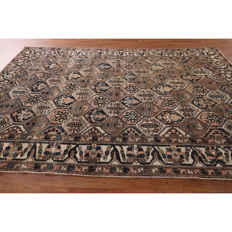 Garden Design Brown Bakhtiari Persian Vintage Rug Handmade Wool Carpet - 6'7"x 9'7"