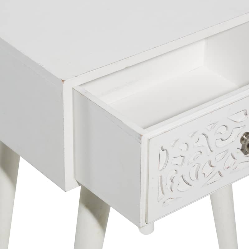 Mango Wood Scroll Intricately Carved Single Drawer Accent Table - White - Roche River Decor