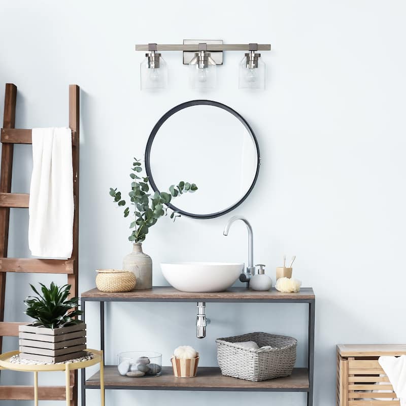 3-Light Vanity Light - Metal & Glass Shade Wall Sconce - Brushed Nickel & Black Finish - 6.5