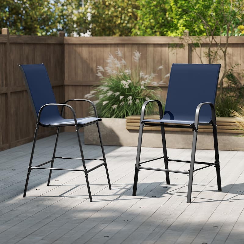 29" Outdoor Bar Stools Set 2 Fabric High Back Chairs with Metal Frame for Decks and Porches - 24.5" x 30" x 51" - Navy-Blue