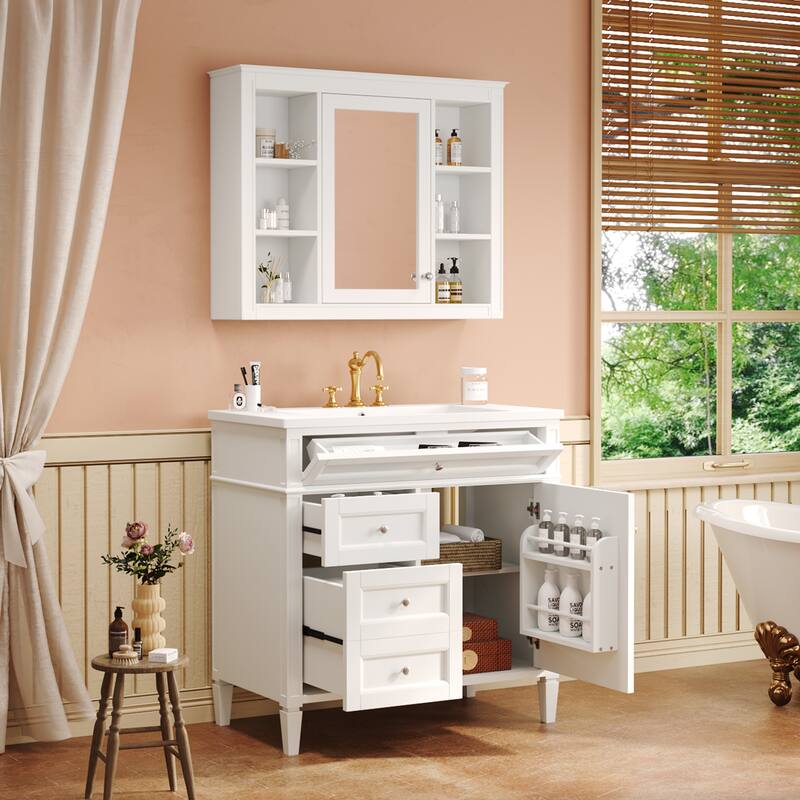 36'' Bathroom Vanity Set with Mirror Cabinet, Modern Bathroom Storage Cabinet with 2 Soft Closing Doors and 4 Drawers