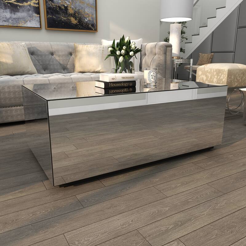 Silver Glass Mirrored Rectangle Living Room Coffee Table with Elevated Base