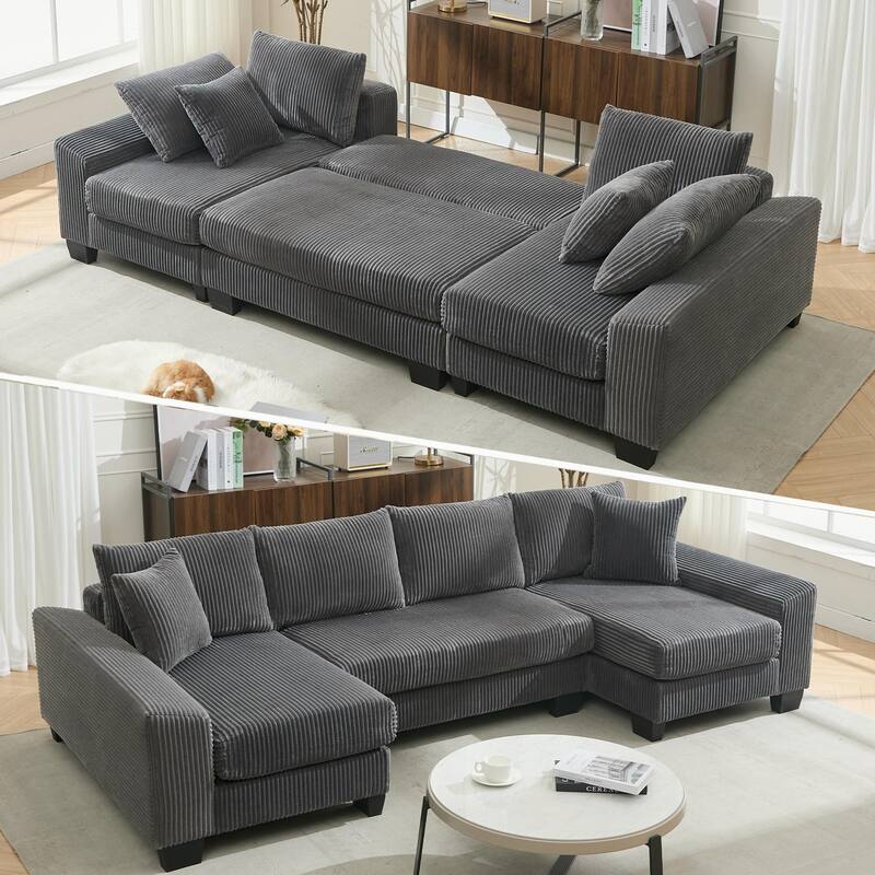 U Shaped Sofa Convertible Pull Out Sleeper Sofa Bed, 2 in 1 Recliner Sectional Couch, Corduroy Upholstery Daybed with Pillow