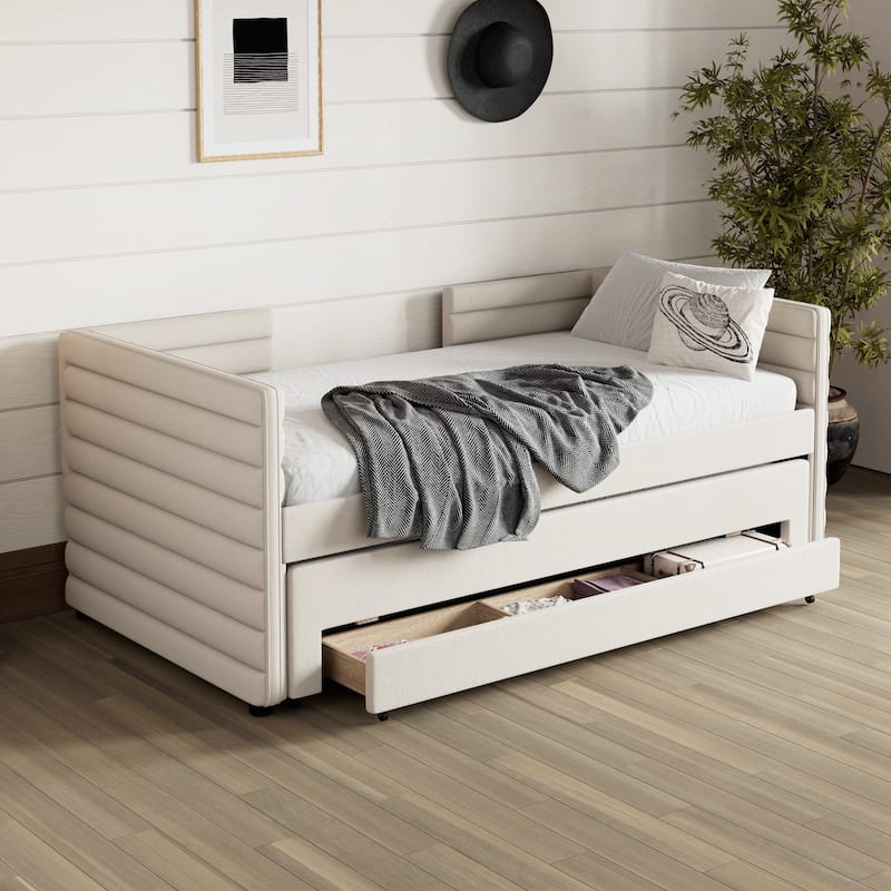 Twin Size Upholstered Daybed with Trundle and 3 Storage Drawers, Fabric Sofa Bed for Guest Room, Living Room