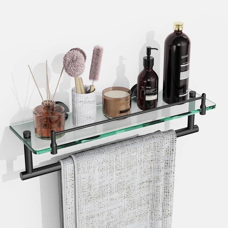 16 Inch Floating Glass Shelf with Towel Rack Rectangular Stainless Steel Tempered Glass Shelf Bathroom Wall Mounted