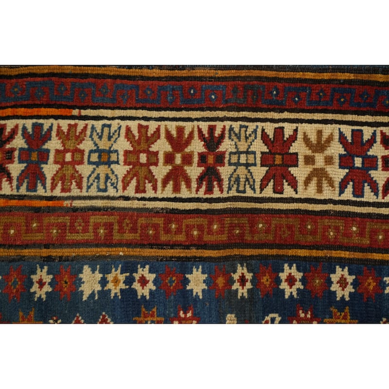 Hand Knotted Oriental 100% Wool Carpet Traditional Geometric Navy Blue & Blues Kazak Area Rug - 4' 7'' X 3' 6''