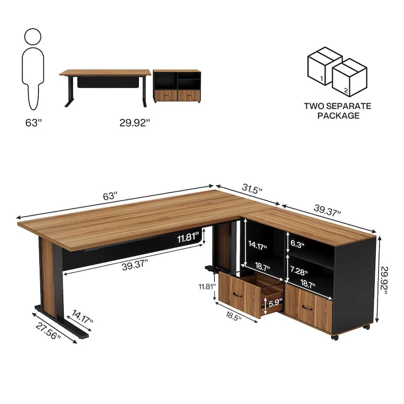63" Large Executive Desk L Shaped Computer Desk with File Storage Cabinet