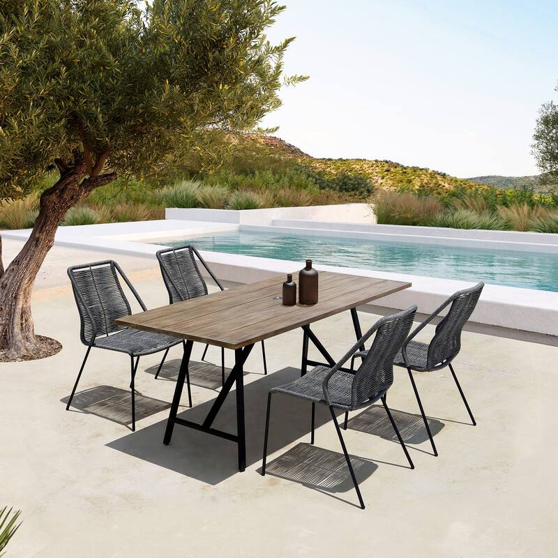 Modern 5 Piece Outdoor Dining Set - Eucalyptus Wood & Metal Patio Table with Rope Chairs