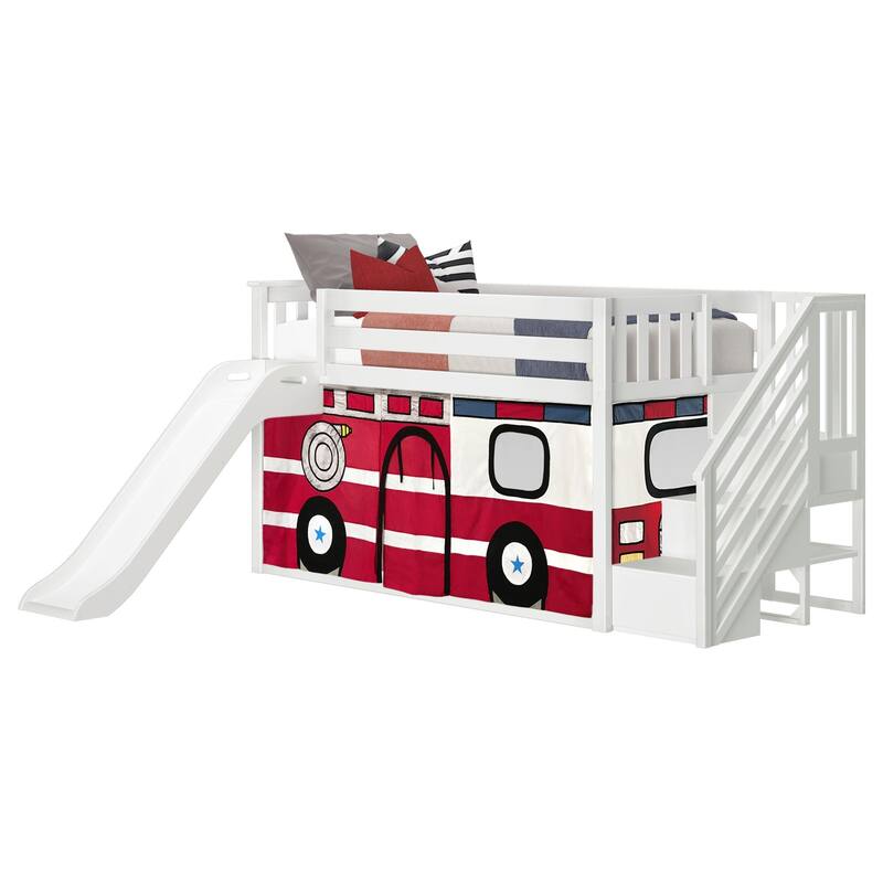 Max and Lily Classic Low Bunk with Stairs, Easy Slide and Curtain