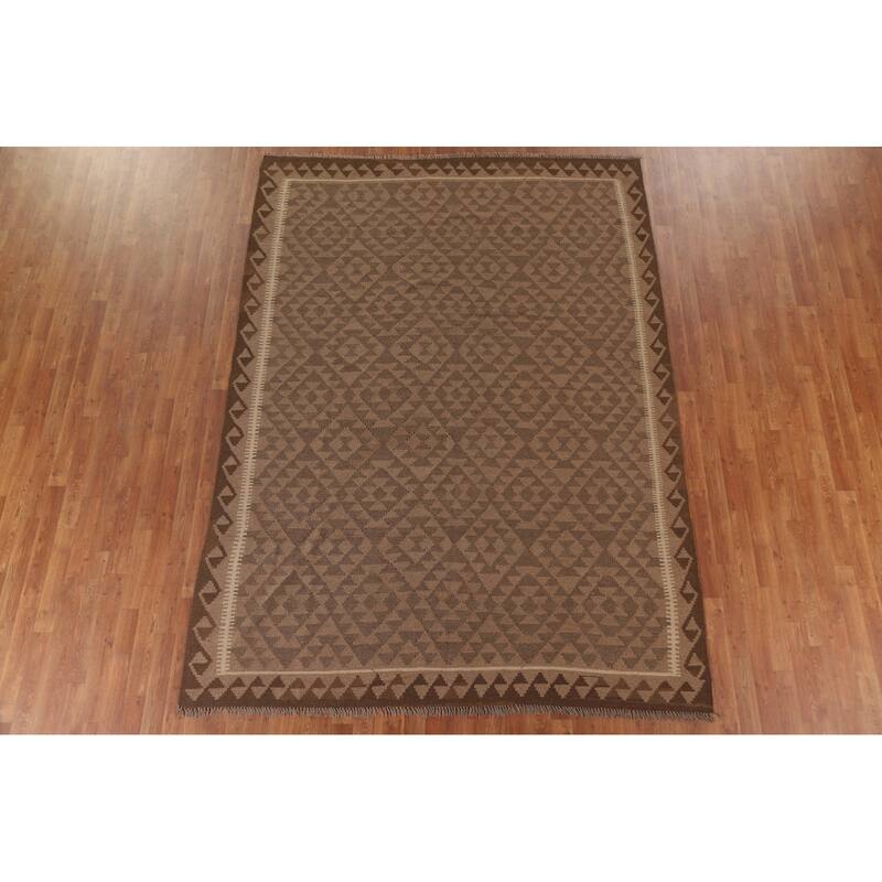Hand Woven Oriental 100% Wool Carpet Southwestern Geometric Brown Kilim Area Rug - 9' 6'' X 6' 11''