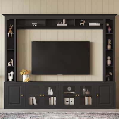 4-Piece Black Entertainment Center – 92" TV Stand with Tempered Glass Door & Adjustable Shelves‌.