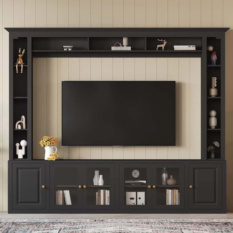 Entertainment Center Wall Unit Set with Bookshelves, Large 92" TV Stand with Glass Doors & Adjustable Shelves, for TVs Up to 80"